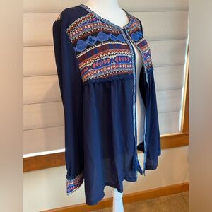 Arianna by Howard’s blue bohemian open front long sleeve tapestry tassel L/XL.